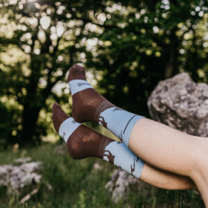 sportif avec chaussettes merinos bleu et marron avec un bouquetin